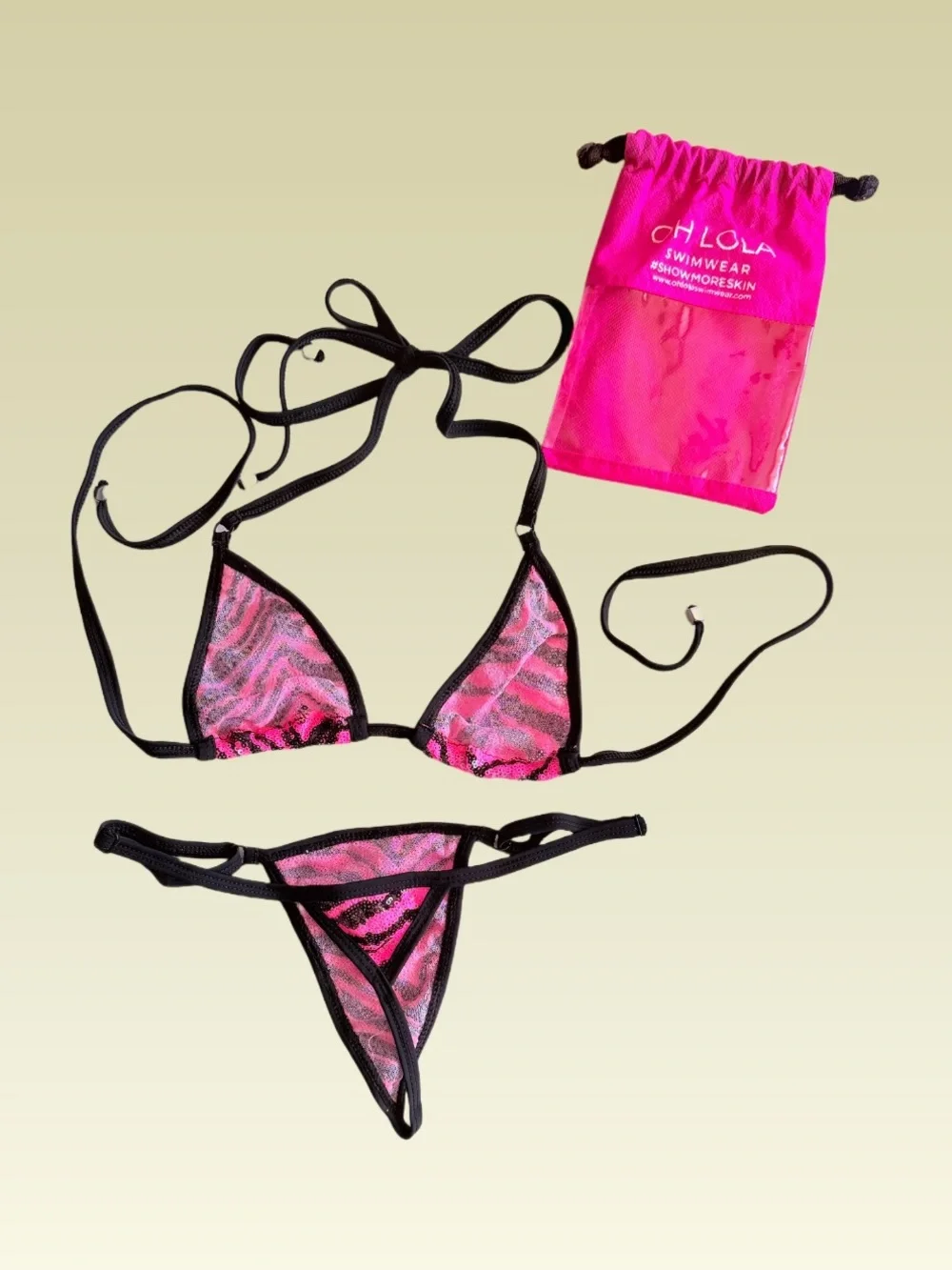 Oh Lola Swimwear Pink Zebra Sequin Micro Bikini Set with Matching Pouch, Size S